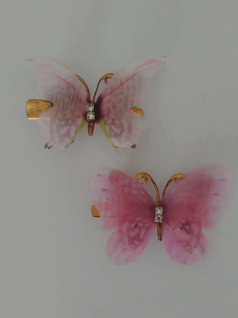 Set of two Y2K butterfly hair clips pink gold tone crystals filmy wings